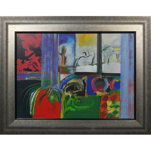 1262 - Oil onto board, looking through a window, bearing a signature Balmer '94 framed 58cm x 42cm excludin... 