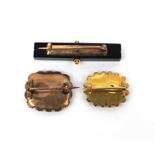 1000 - Victorian Jet and unmarked gold bar brooch set with seed pearls and two mourning brooches, including... 