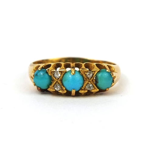 1017 - Victorian 18ct gold turquoise and diamond ring set with four diamonds and three turquoise stones, si... 