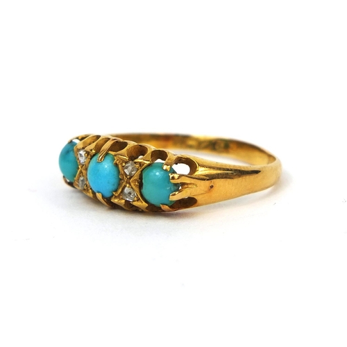 1017 - Victorian 18ct gold turquoise and diamond ring set with four diamonds and three turquoise stones, si... 