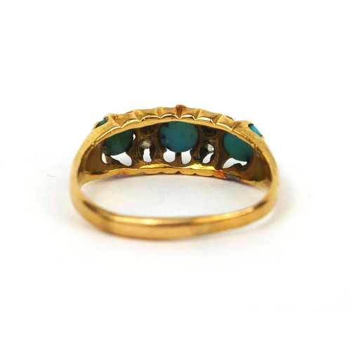 1017 - Victorian 18ct gold turquoise and diamond ring set with four diamonds and three turquoise stones, si... 