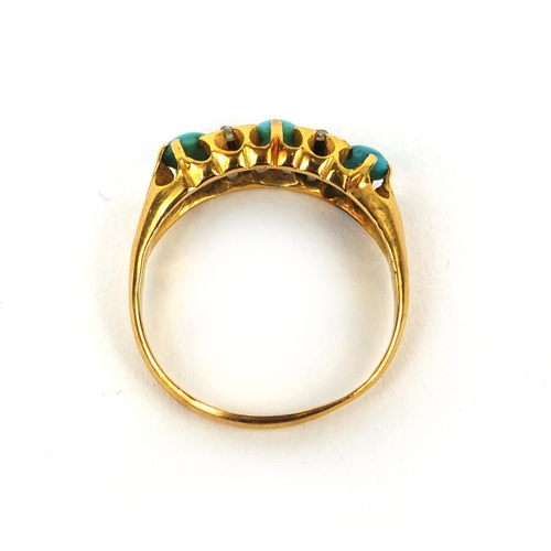 1017 - Victorian 18ct gold turquoise and diamond ring set with four diamonds and three turquoise stones, si... 