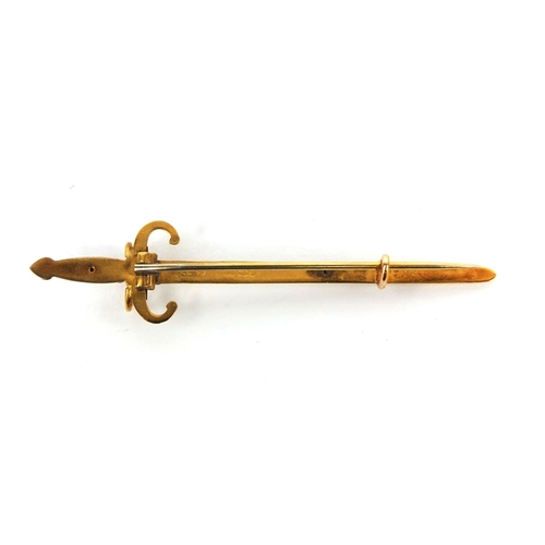 965 - 9ct gold sword bar brooch set with sixteen seed pearls, 6cm long, approximate weight 2.2g