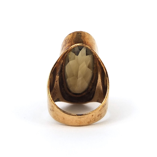 1006 - Large 9ct gold smokey quartz ring, size N, approximate weight 14.4g