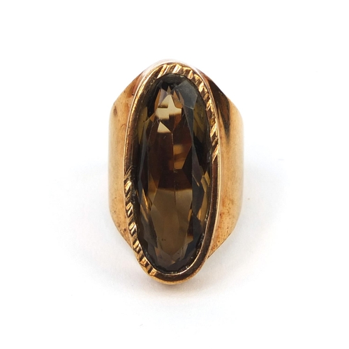 1006 - Large 9ct gold smokey quartz ring, size N, approximate weight 14.4g