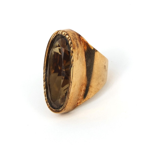 1006 - Large 9ct gold smokey quartz ring, size N, approximate weight 14.4g