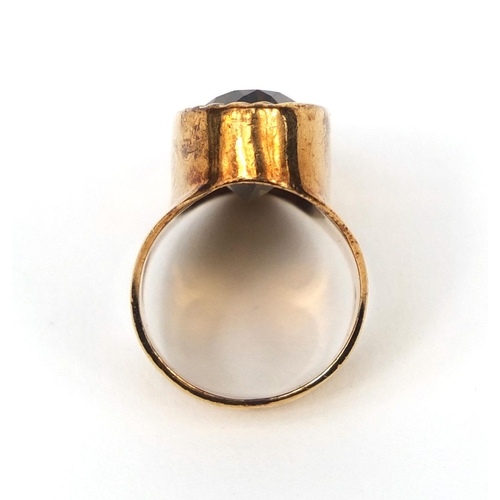 1006 - Large 9ct gold smokey quartz ring, size N, approximate weight 14.4g