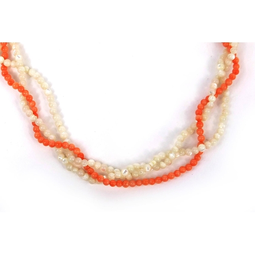 1011 - Pink coral and seed pearl necklace with 14ct gold clasp, 40cm long, approximate weight 16.2g