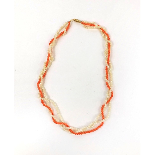 1011 - Pink coral and seed pearl necklace with 14ct gold clasp, 40cm long, approximate weight 16.2g