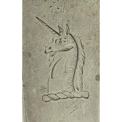 899 - Georgian Irish silver tablespoon engraved with a unicorn crest, R.S Dublin 1807, 23cm long, approxim... 