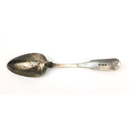 899 - Georgian Irish silver tablespoon engraved with a unicorn crest, R.S Dublin 1807, 23cm long, approxim... 