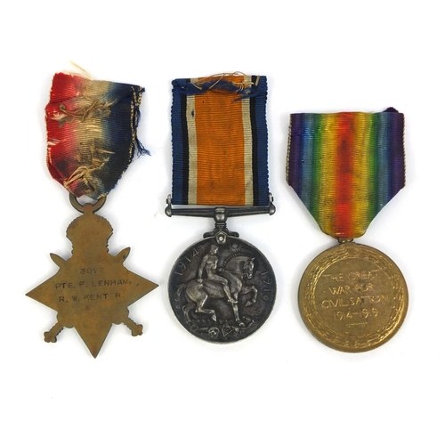 329 - British Military World War I trio awarded to 3012PTE.F.LENHAM.R.W.KENTR. Comprising The Victory meda... 