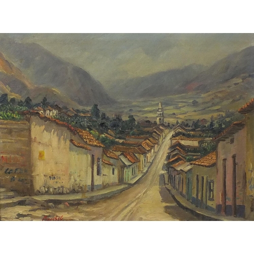 1123 - Joseph Meneses - Oil onto canvas continental village looking towards church before mountains, mounte... 