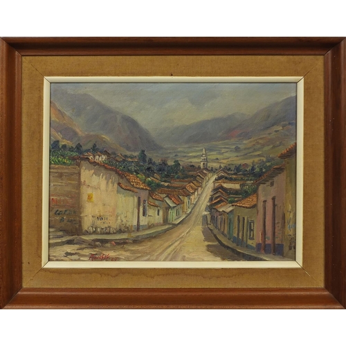 1123 - Joseph Meneses - Oil onto canvas continental village looking towards church before mountains, mounte... 