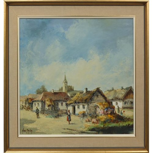 1199 - Attila Nagy - Mid 20th century oil onto canvas, figures in a village, mounted and framed, 52cm x 44c... 