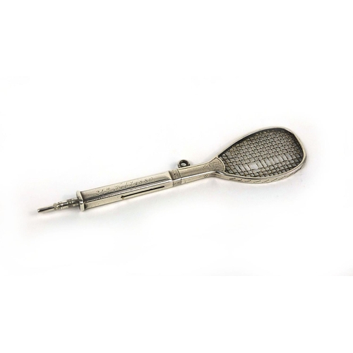 124 - Victorian unmarked silver propelling pencil in the form of a tennis racket by W Thornhill & Co, engr... 