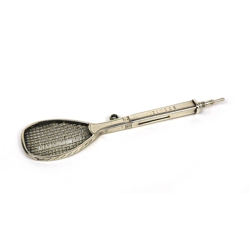 124 - Victorian unmarked silver propelling pencil in the form of a tennis racket by W Thornhill & Co, engr... 