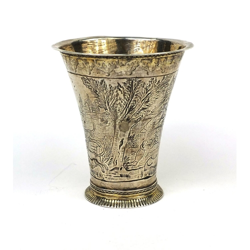 817 - 18th century silver beaker of fluted form, with gilt interior, engraved with hunting scenes, impress... 