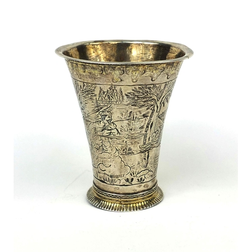 817 - 18th century silver beaker of fluted form, with gilt interior, engraved with hunting scenes, impress... 