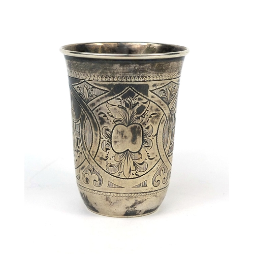 825 - Russian niello work silver beaker, engraved with buildings and floral motifs, impressed marks to the... 