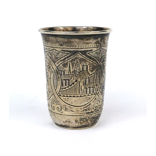 825 - Russian niello work silver beaker, engraved with buildings and floral motifs, impressed marks to the... 