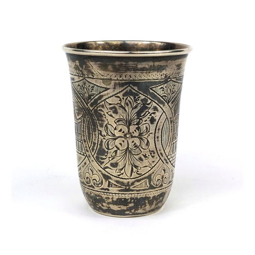 825 - Russian niello work silver beaker, engraved with buildings and floral motifs, impressed marks to the... 