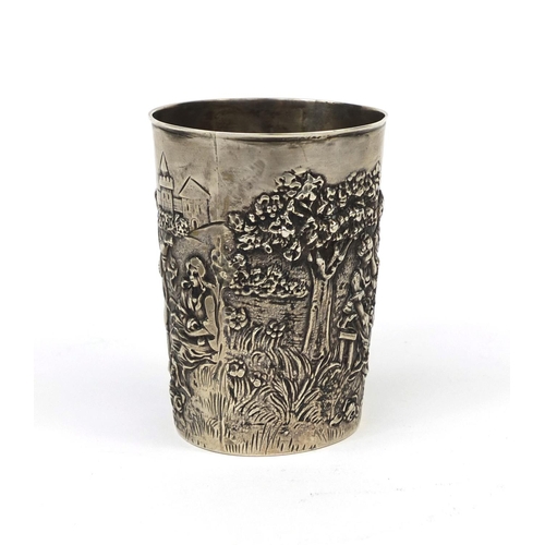 870 - 800 grade silver beaker embossed with scenes of lovers, impressed 800 to the base, 7.5cm high, appro... 