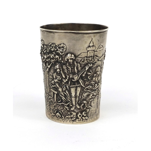 870 - 800 grade silver beaker embossed with scenes of lovers, impressed 800 to the base, 7.5cm high, appro... 