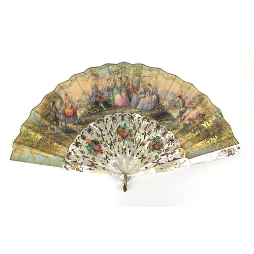 85 - 19th century continental hand coloured fan, with hand painted inlaid Mother of Pearl guards and stic... 