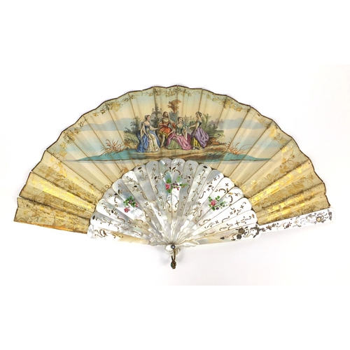 85 - 19th century continental hand coloured fan, with hand painted inlaid Mother of Pearl guards and stic... 