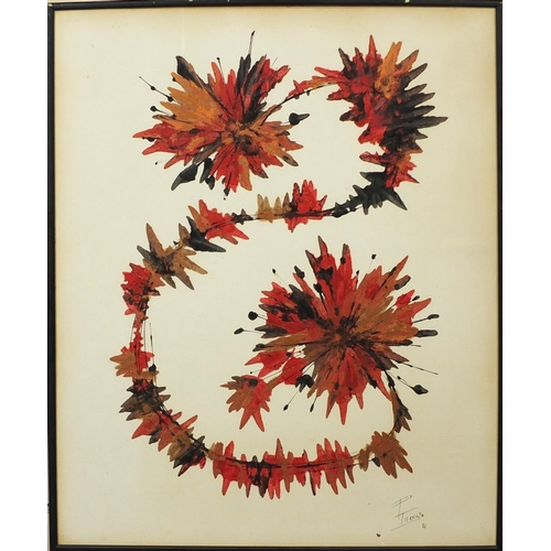 1324 - Mixed media abstract composition, bearing a signature F Tarenza 66, inscribed verso, framed, 63cm x ... 