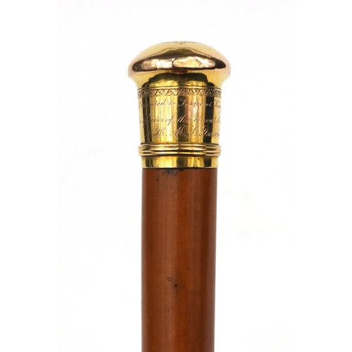 160 - 19th century Naval interest Malacca walking cane with continental gold pommel, engraved 'presented t... 