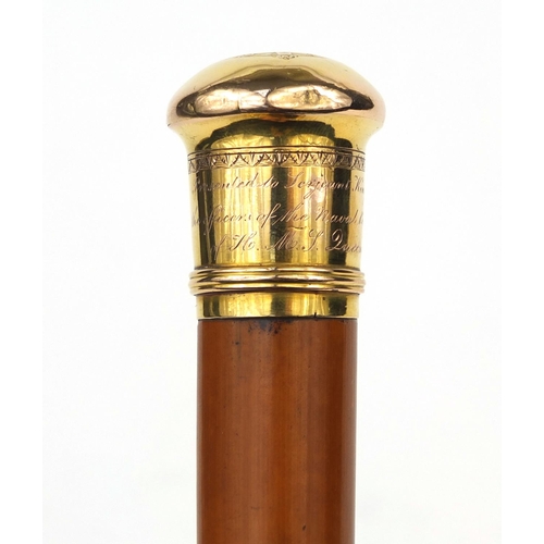 160 - 19th century Naval interest Malacca walking cane with continental gold pommel, engraved 'presented t... 