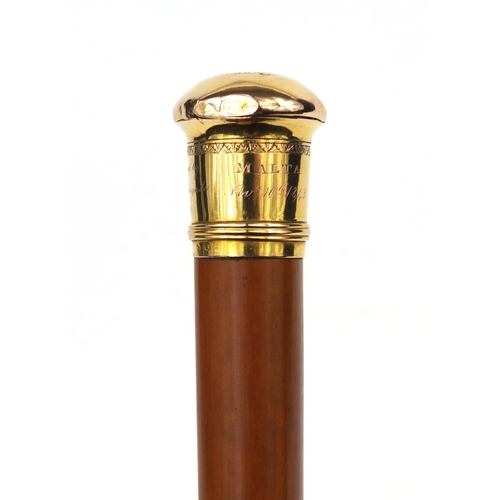 160 - 19th century Naval interest Malacca walking cane with continental gold pommel, engraved 'presented t... 