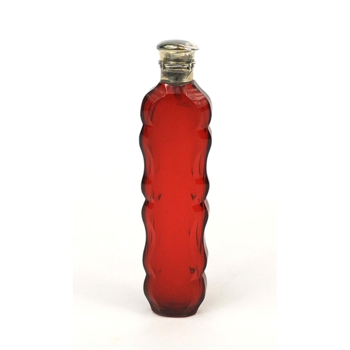 82 - Victorian silver topped ruby glass scent bottle, 10.2cm in length