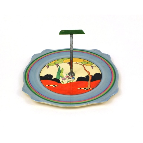 753 - Clarice Cliff bizarre Tulip pattern cake stand, with chrome and green plastic handle, factory marks ... 