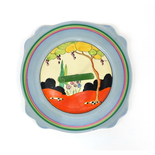 753 - Clarice Cliff bizarre Tulip pattern cake stand, with chrome and green plastic handle, factory marks ... 