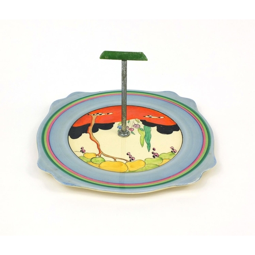 753 - Clarice Cliff bizarre Tulip pattern cake stand, with chrome and green plastic handle, factory marks ... 