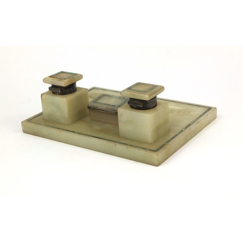 36 - Art Deco marble desk stand, fitted with a pair of inkwells and a stamp box, each with silver hinges,... 