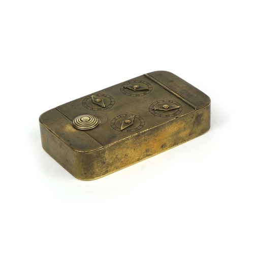 140 - Georgian four combination brass tobacco box with hinged lid, 9cm wide