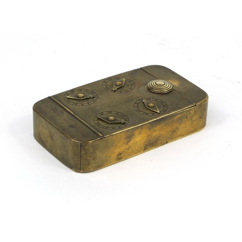 140 - Georgian four combination brass tobacco box with hinged lid, 9cm wide