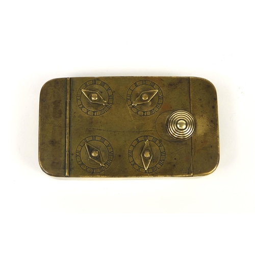 140 - Georgian four combination brass tobacco box with hinged lid, 9cm wide