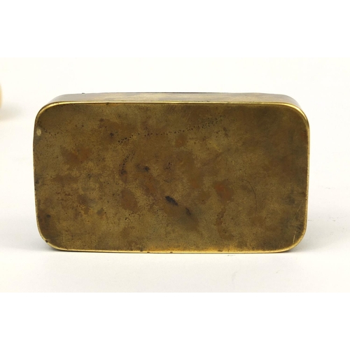 140 - Georgian four combination brass tobacco box with hinged lid, 9cm wide