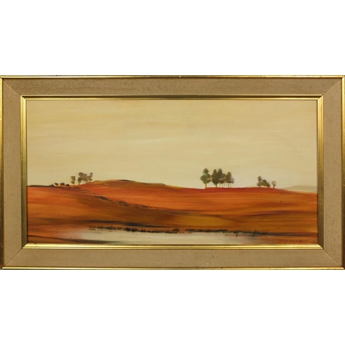 1260 - Gerald Parkinson - 1960's oil onto board, desert landscape, mounted and gilt framed, 90cm x 44cm exc... 