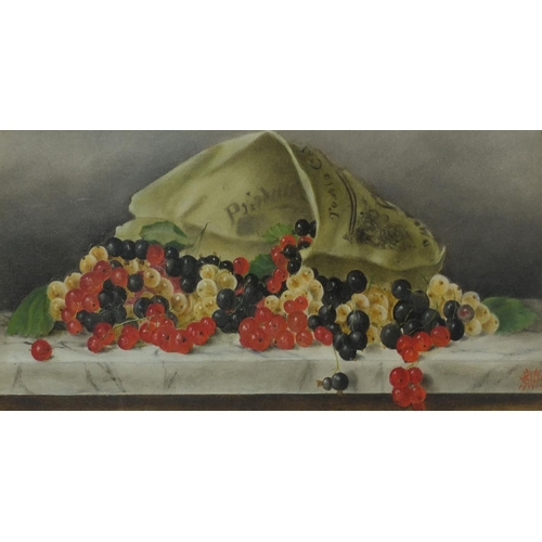 1225 - Pair of early 20th century oil onto boards, still life fruit, each bearing a monogram CW, dated 1907... 