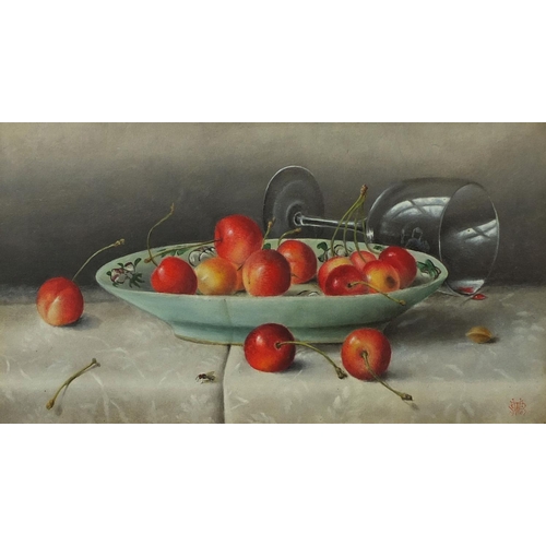 1225 - Pair of early 20th century oil onto boards, still life fruit, each bearing a monogram CW, dated 1907... 