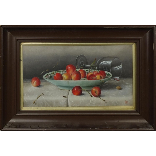 1225 - Pair of early 20th century oil onto boards, still life fruit, each bearing a monogram CW, dated 1907... 