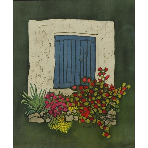 1281 - Mary Potter - Silk screen print, doorway on Alonysos, label verso, framed, 25cm x 20cm excluding the... 