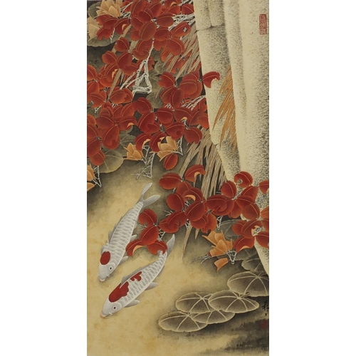 587 - Japanese watercolour, Koi amongst lily pads and reeds, with script and red seal marks, mounted and f... 