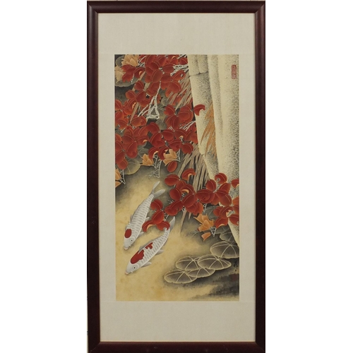 587 - Japanese watercolour, Koi amongst lily pads and reeds, with script and red seal marks, mounted and f... 